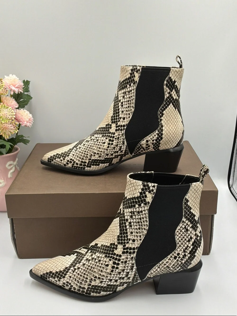 Paolo Black & Cream Snake-Print Chelsea Ankle Boots